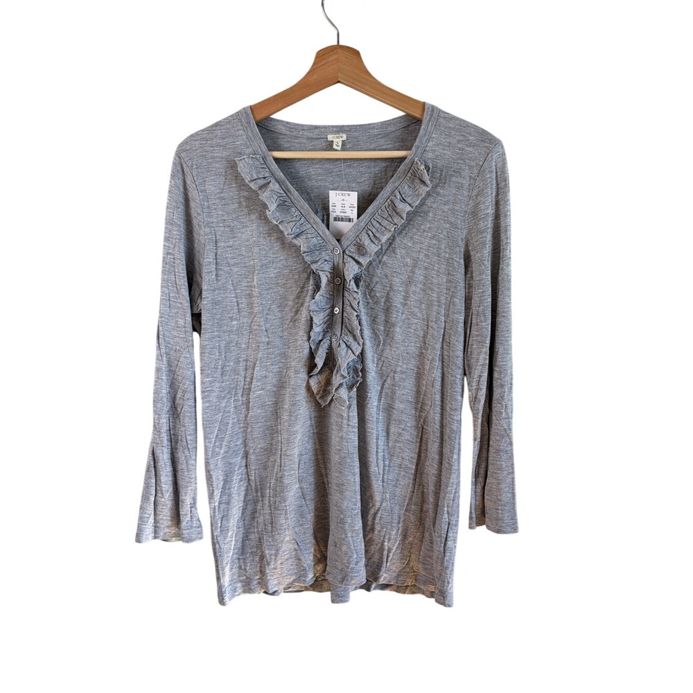 J. Crew Factory Ruffle V-Neck Top Gray Women Size L Long Sleeve Tee NEW